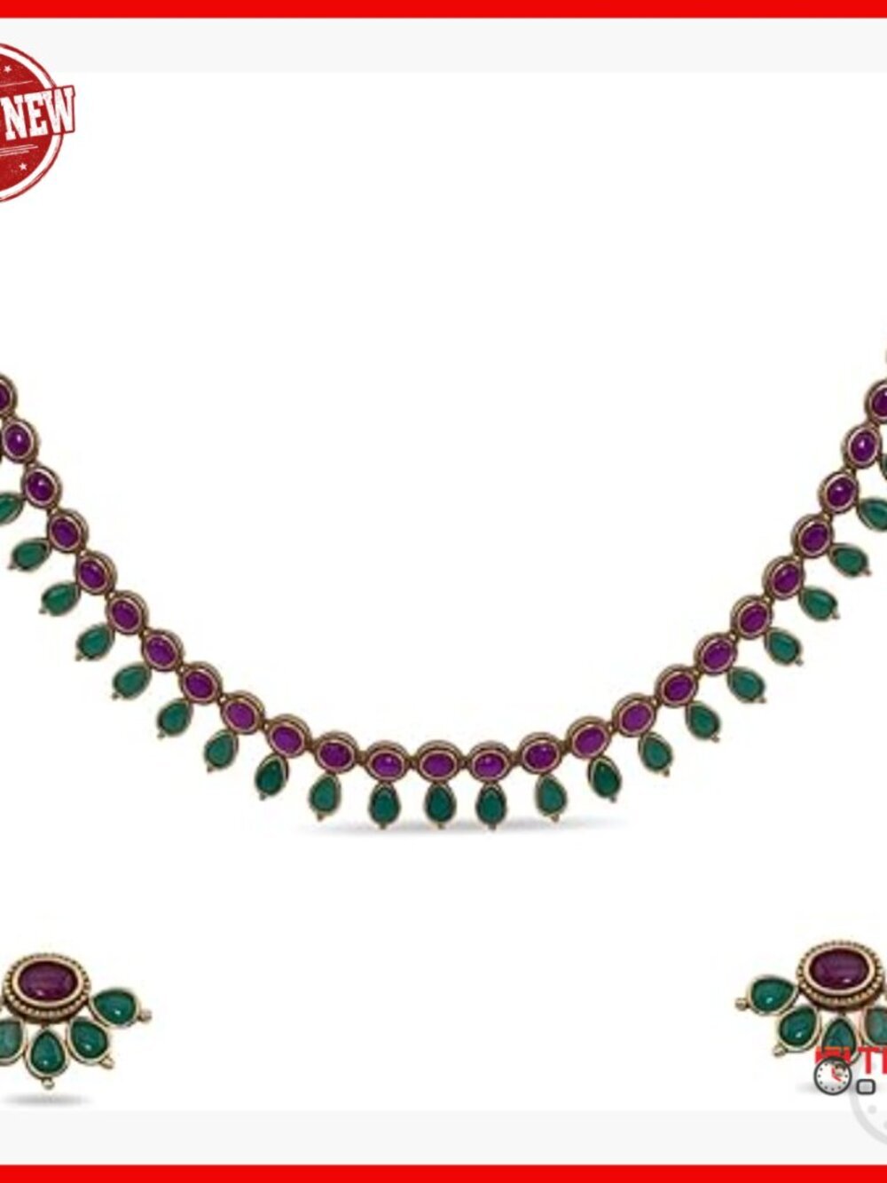Traditional Indian Jewelry Set with Necklace and Earrings, Gold Plated Brass